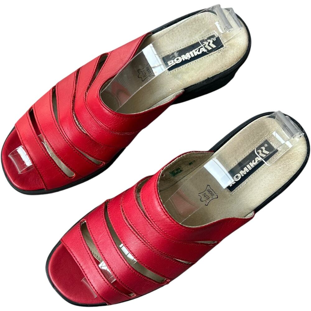 NEW ROMIKA Red Leather Slip On Wedge Sandals Leather Insoles 2” Heel Sz 39 US 8